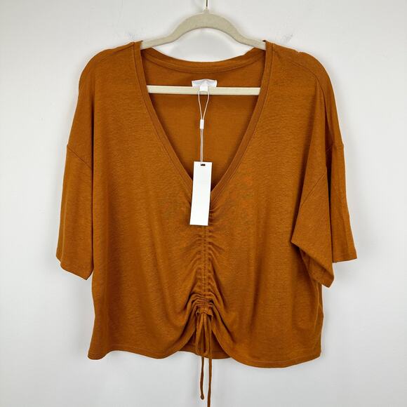 Every Linen Blend Knit Top Cinched Ruched Copper Orange Comfy Cropped Large NWT - Picture 1 of 9